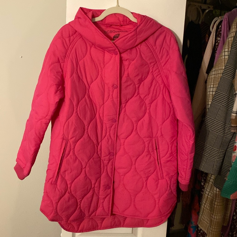 BCBG pink waterproof coat size Medium with hood
